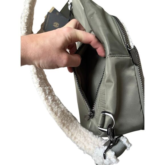 NEW House Of Harlow Sling Backpack Sherpa Nylon Olive Green Cream - Picture 11 of 15
